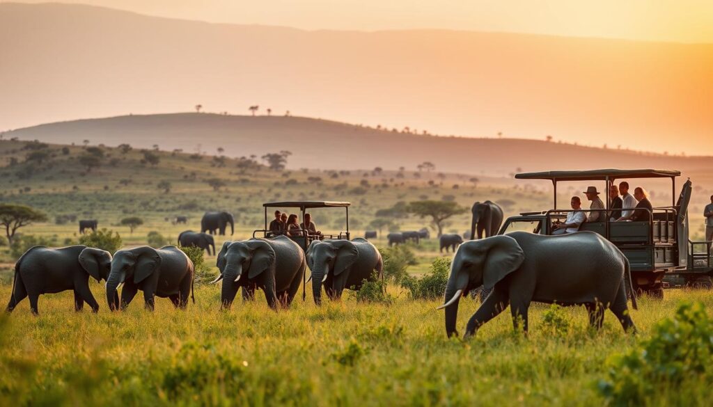 A safari scene in the heart of the Tanzanian wilderness, showcasing the conservation efforts of the Zamadam Adventure eco-tourism company. In the foreground, a herd of majestic elephants grazes peacefully, their movements captured by a skilled photographer using a long lens. The middle ground features a group of visitors observing the animals from a well-camouflaged safari vehicle, their faces filled with awe and reverence. In the background, the lush, verdant landscape stretches out, dotted with acacia trees and rolling hills. The warm, golden light of the setting sun casts a soft, ethereal glow over the entire scene, creating a sense of tranquility and harmony between man and nature.