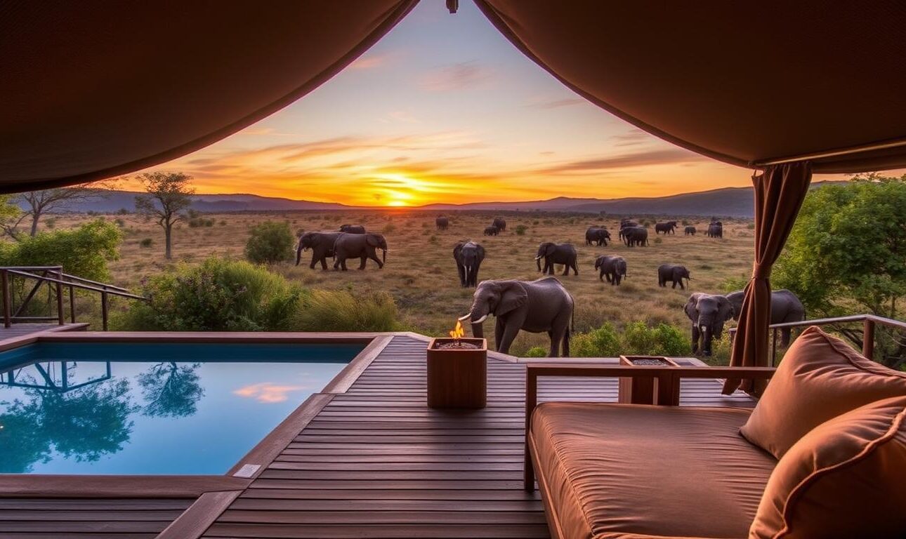 A stunning safari camp in the heart of the Tanzanian wilderness, nestled among lush vegetation and rolling hills. The Zamadam Adventure's luxury tents offer panoramic views of the surrounding landscape, with wooden decks and plush furnishings. Soft, warm lighting casts a cozy glow, inviting guests to relax and unwind after a day of exploring the magnificent national parks. In the distance, a herd of elephants grazes peacefully, their trunks swaying in the gentle breeze. The camp's infinity pool reflects the vibrant colors of the setting sun, creating a serene and tranquil atmosphere. Guests can indulge in gourmet meals prepared with local ingredients, while enjoying the sights and sounds of the African bush.