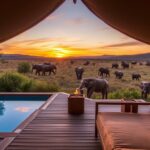 A stunning safari camp in the heart of the Tanzanian wilderness, nestled among lush vegetation and rolling hills. The Zamadam Adventure's luxury tents offer panoramic views of the surrounding landscape, with wooden decks and plush furnishings. Soft, warm lighting casts a cozy glow, inviting guests to relax and unwind after a day of exploring the magnificent national parks. In the distance, a herd of elephants grazes peacefully, their trunks swaying in the gentle breeze. The camp's infinity pool reflects the vibrant colors of the setting sun, creating a serene and tranquil atmosphere. Guests can indulge in gourmet meals prepared with local ingredients, while enjoying the sights and sounds of the African bush.