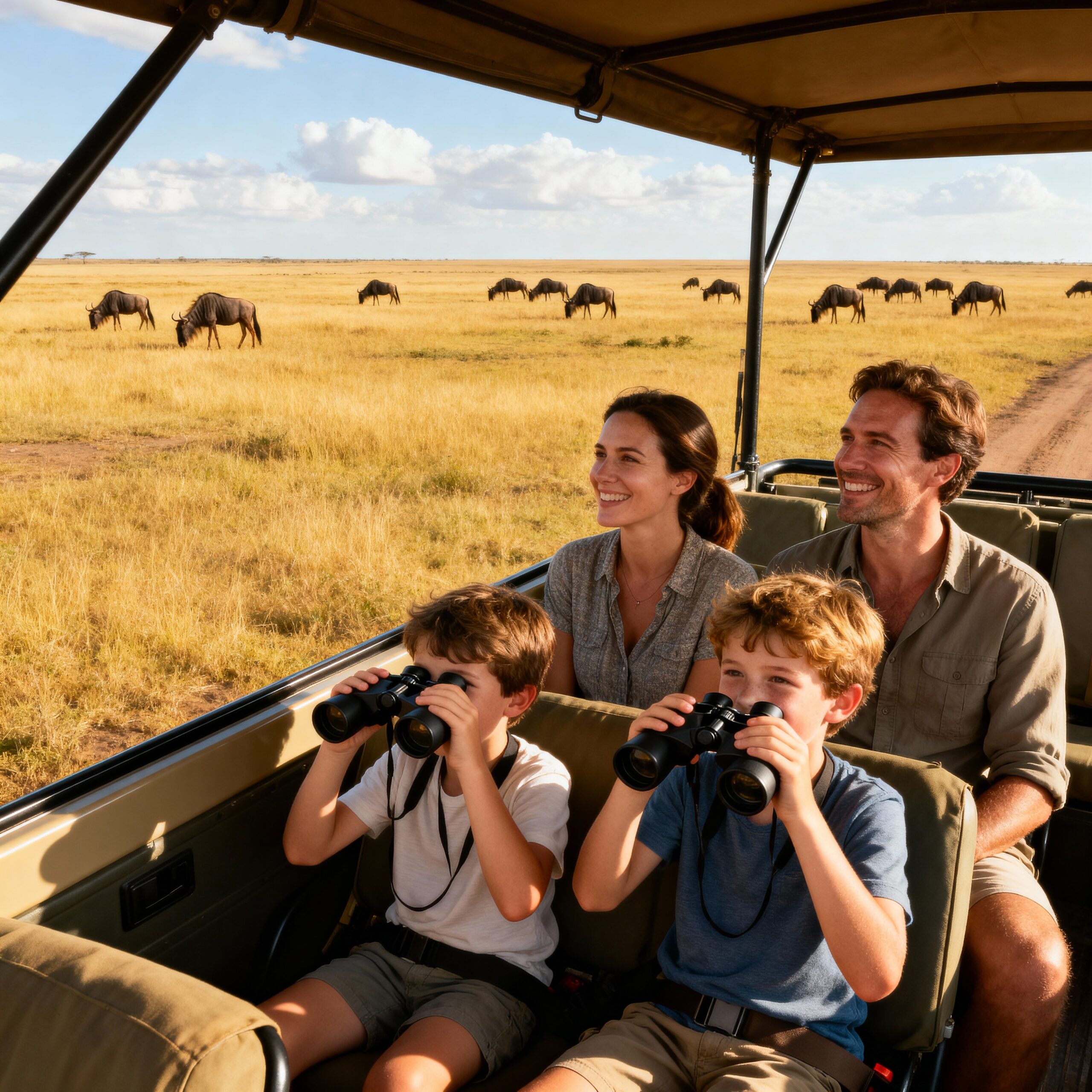 Family on safari in Serengeti watching wildlife across the plains